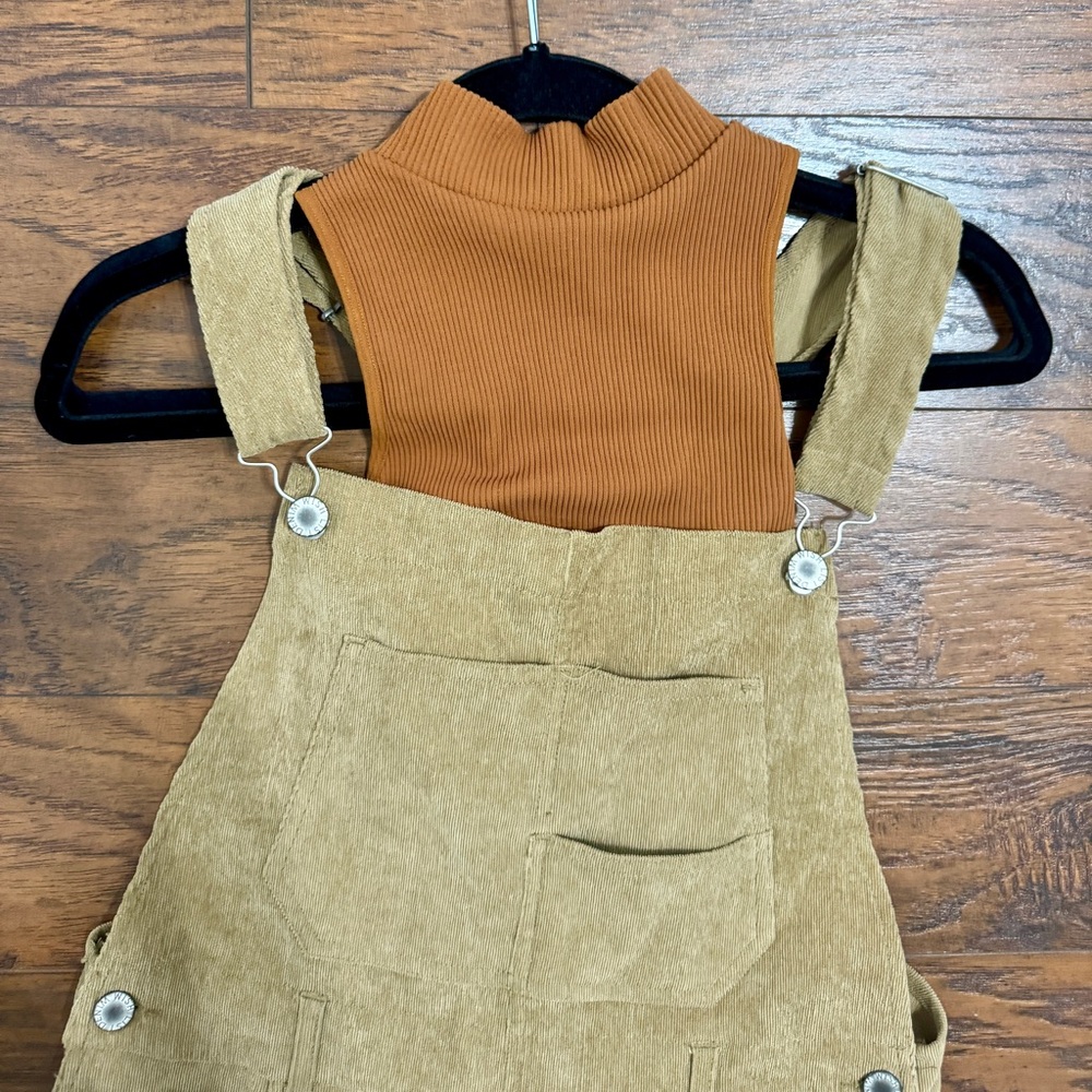 Tan Corduroy Short Overalls And Rust Mock Tank - image 3